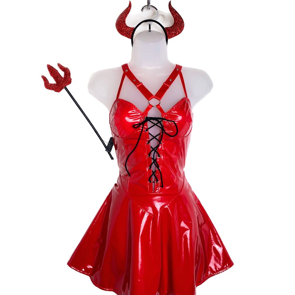 New‎ Medium Lace Up Corset Vegan Leather Latex Red Devil Halloween Costume Set
